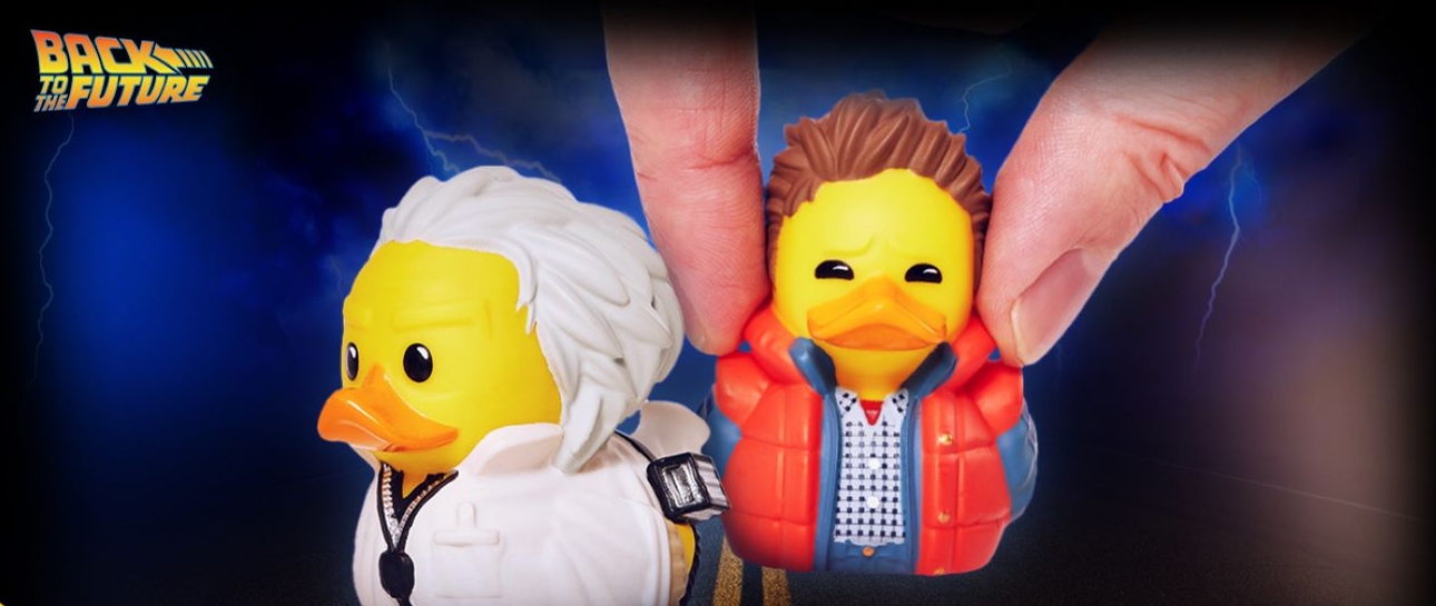 two little rubber ducks that look like doc and marty